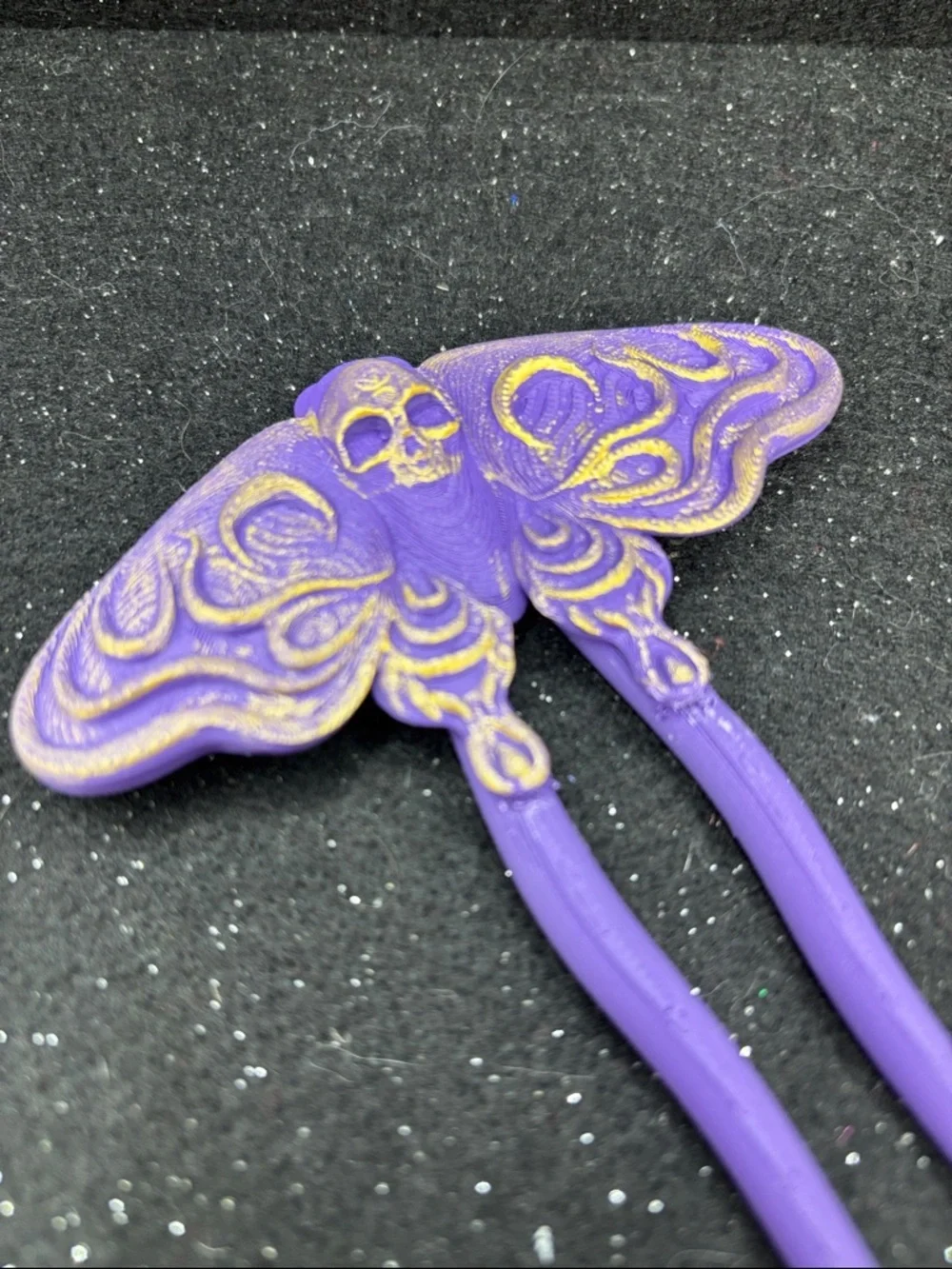 Skull Moth Hair Pin | Hand Painted Purple & Gold Gothic Hair Pin